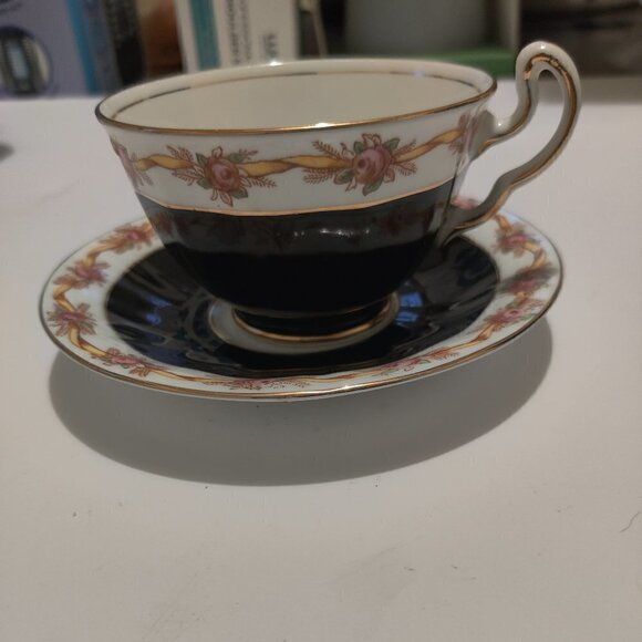 Adderley Teacup Made in England, Black With Ribbon of Florals & Gold, Excellent - Picture 1 of 7